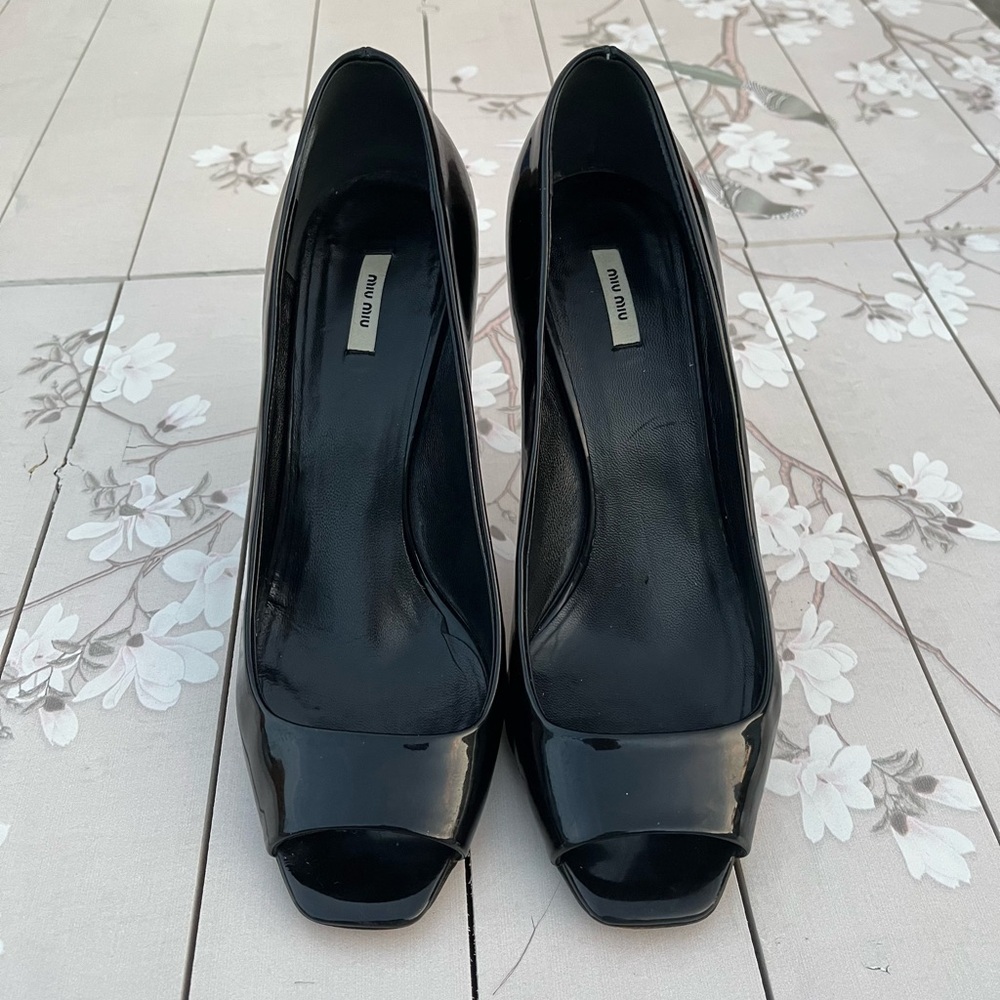 Miu Miu Black Patent Peep-Toe Heels